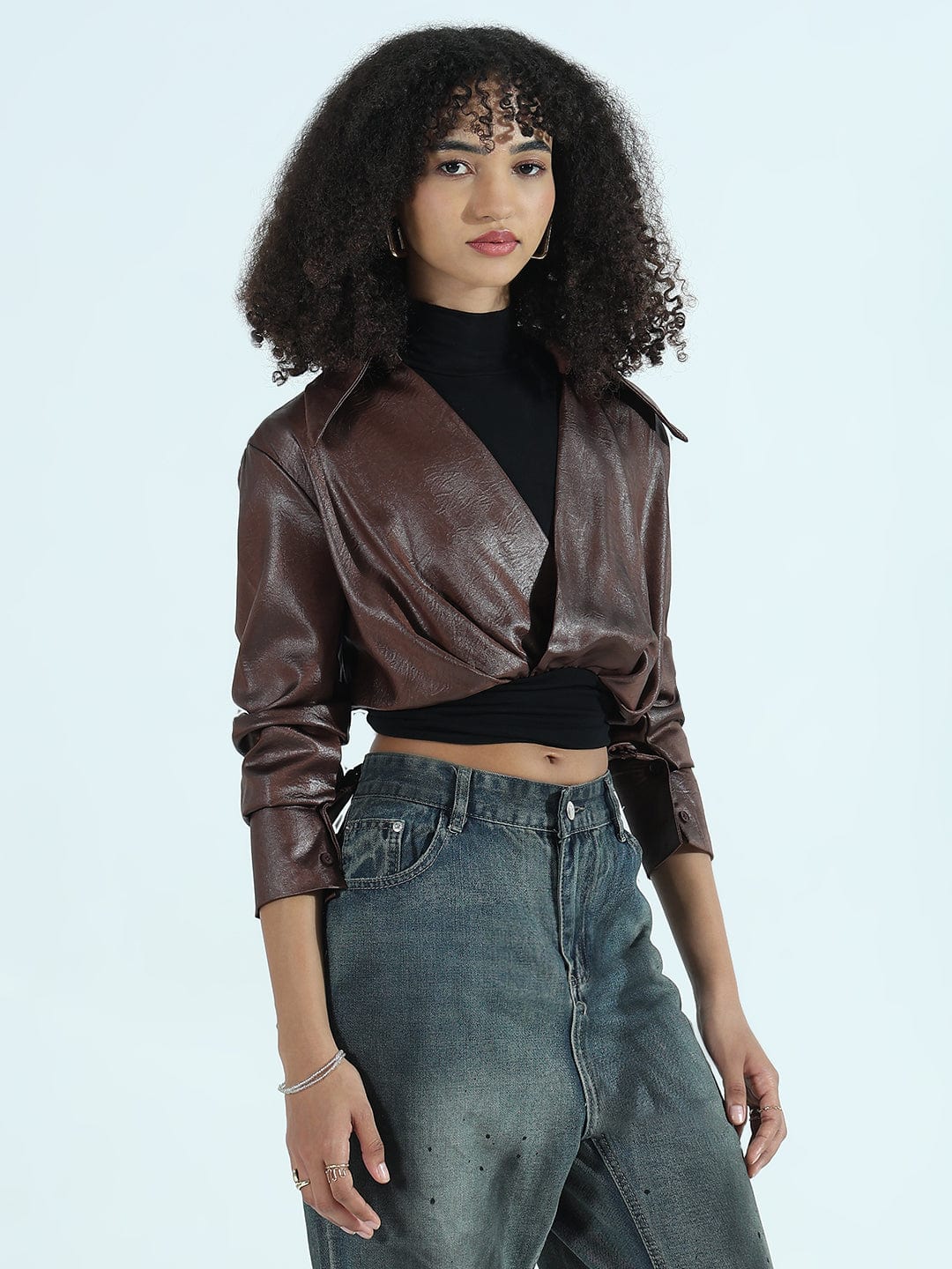 Women's Brown Faux Leather Shirt Style Crop Top