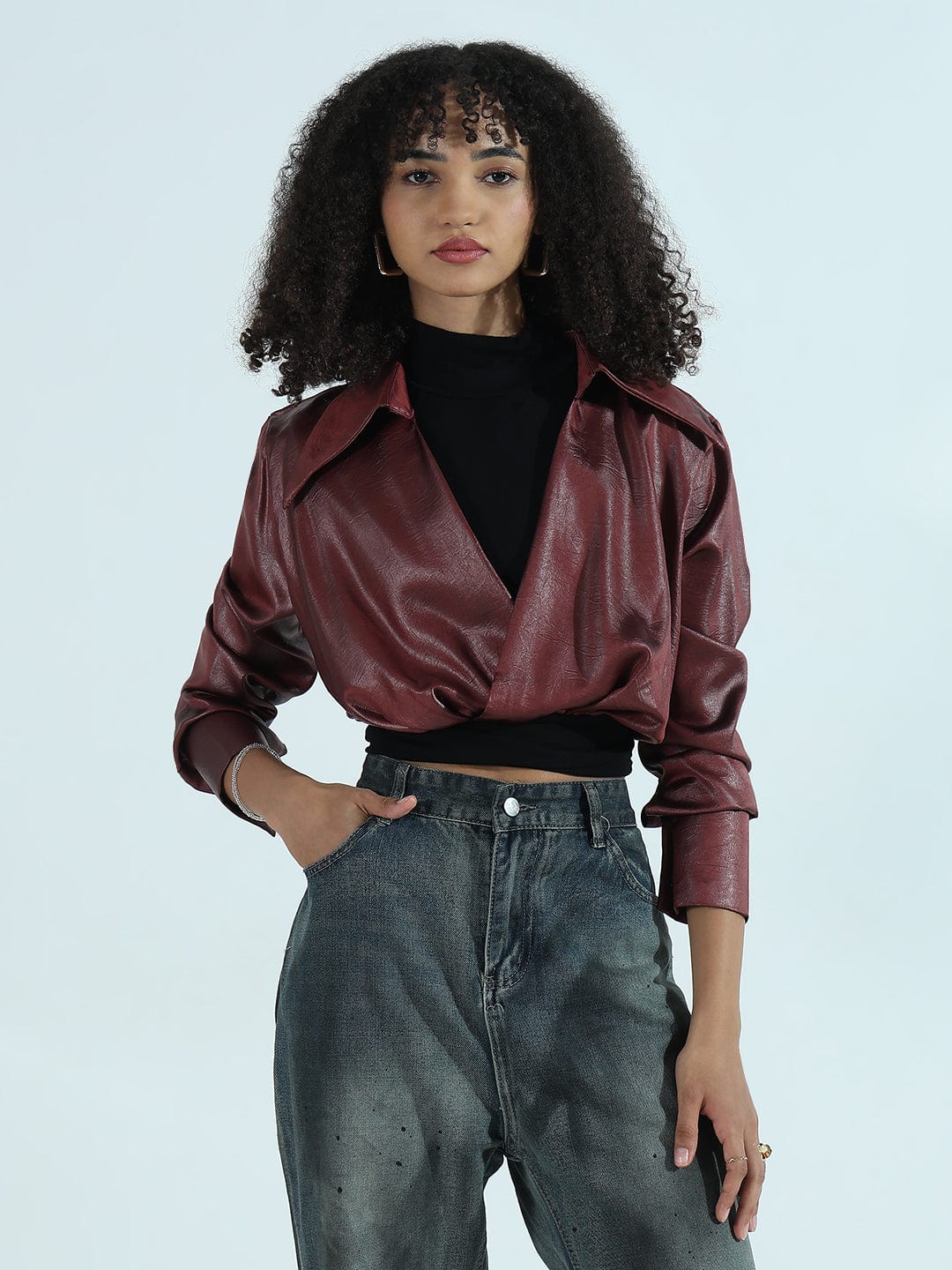 Women's Maroon Faux Leather Shirt Style Crop Top