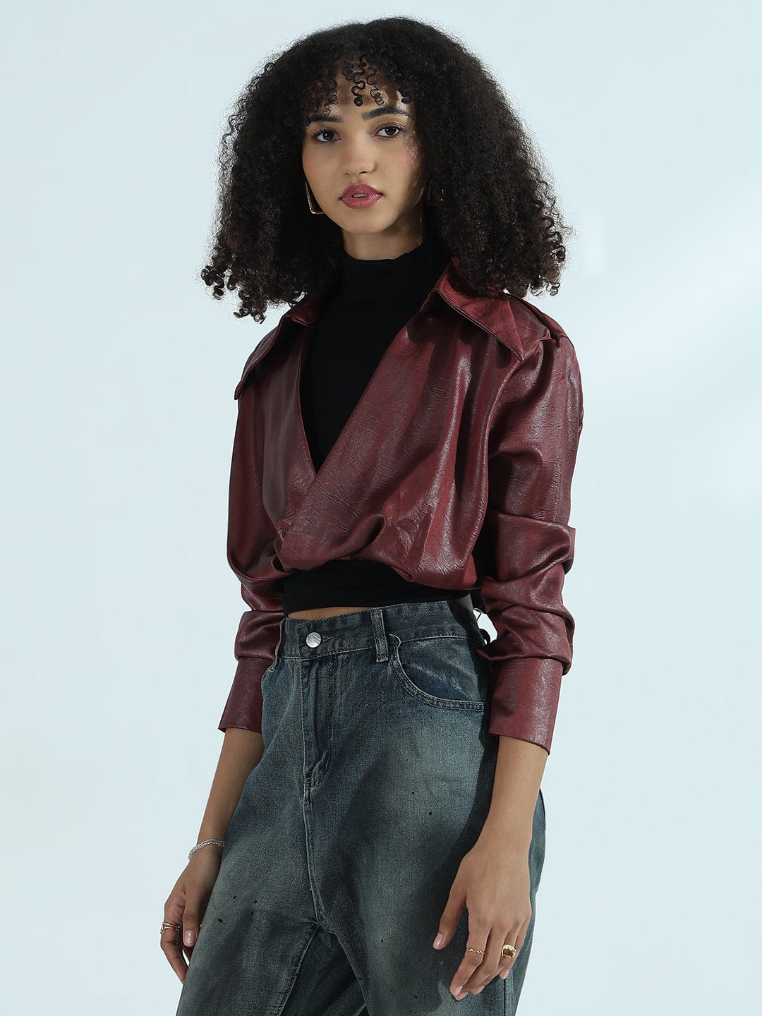 Women's Maroon Faux Leather Shirt Style Crop Top