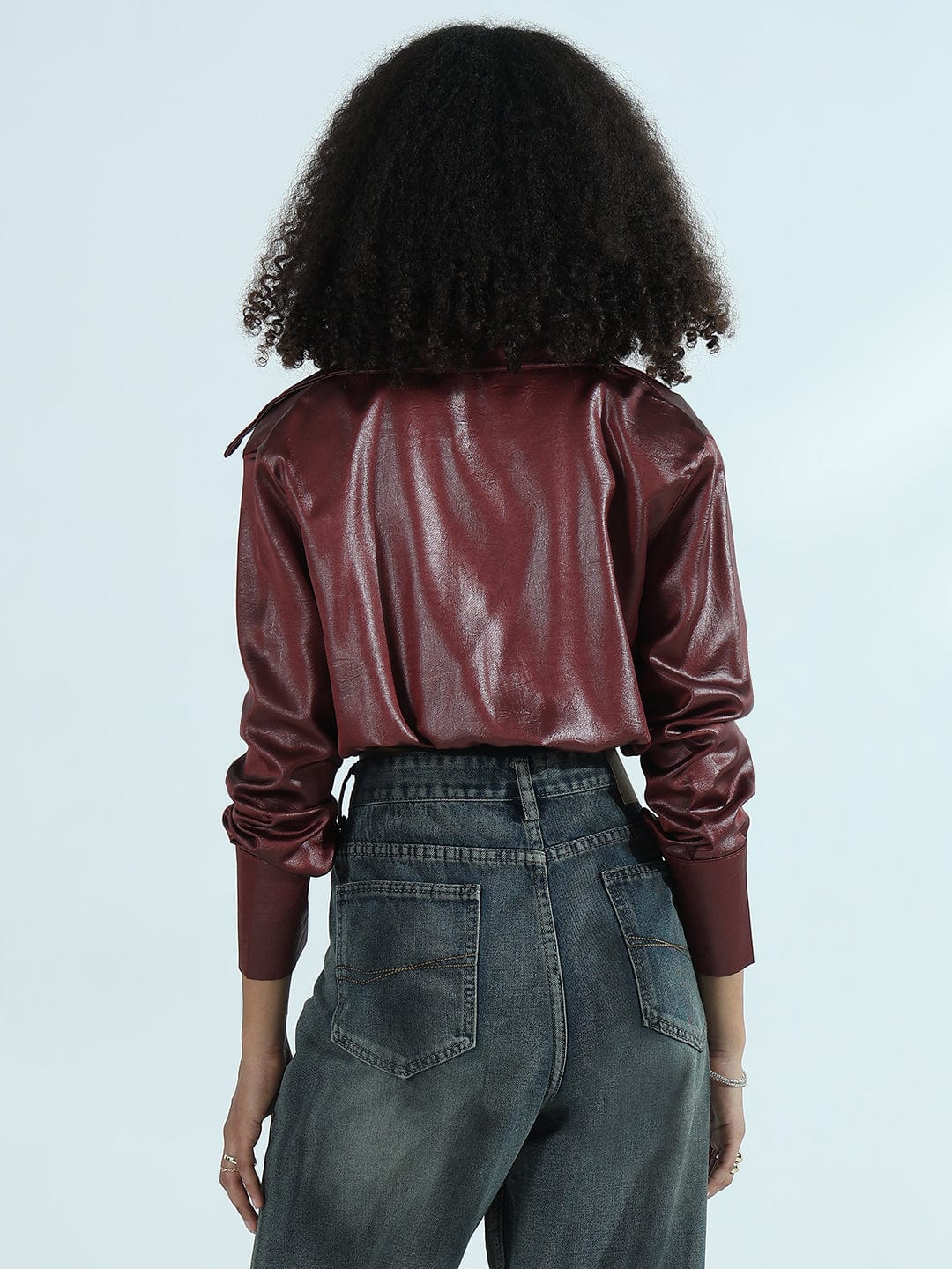 Women's Maroon Faux Leather Shirt Style Crop Top