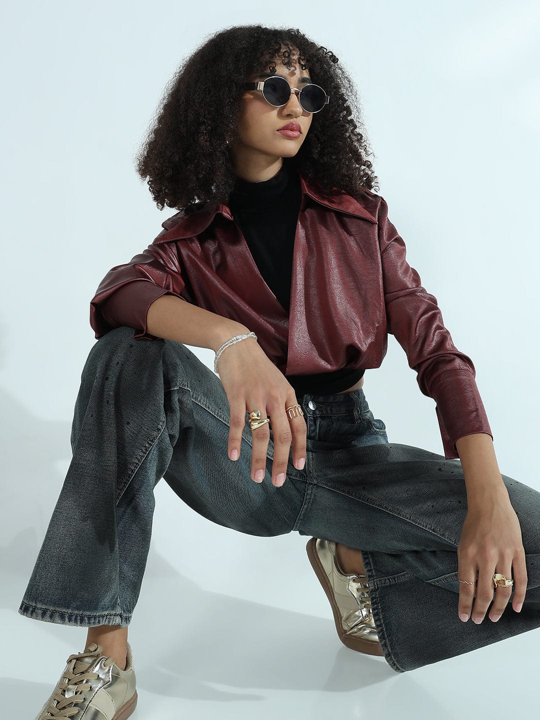 Women's Maroon Faux Leather Shirt Style Crop Top