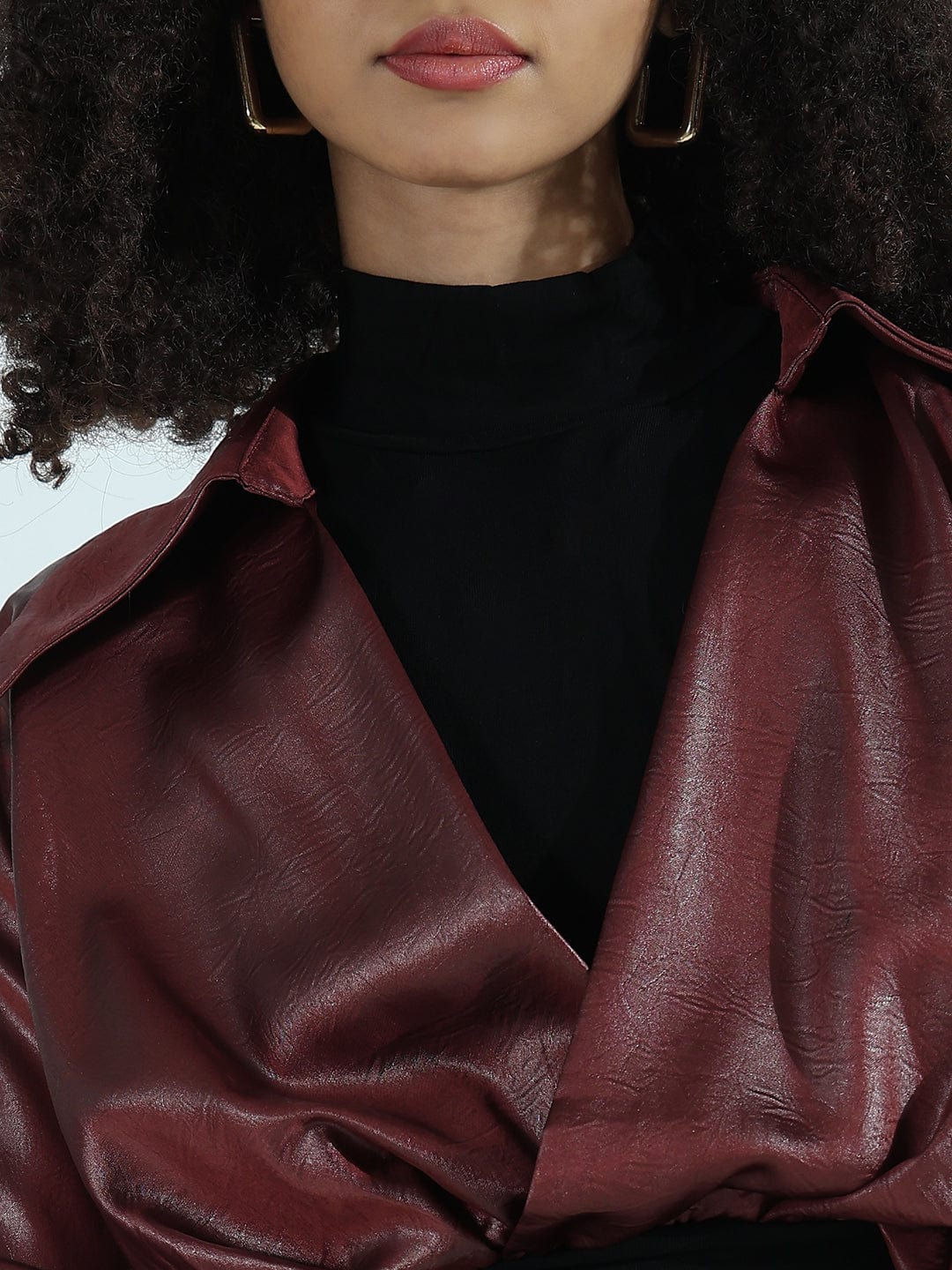 Women's Maroon Faux Leather Shirt Style Crop Top