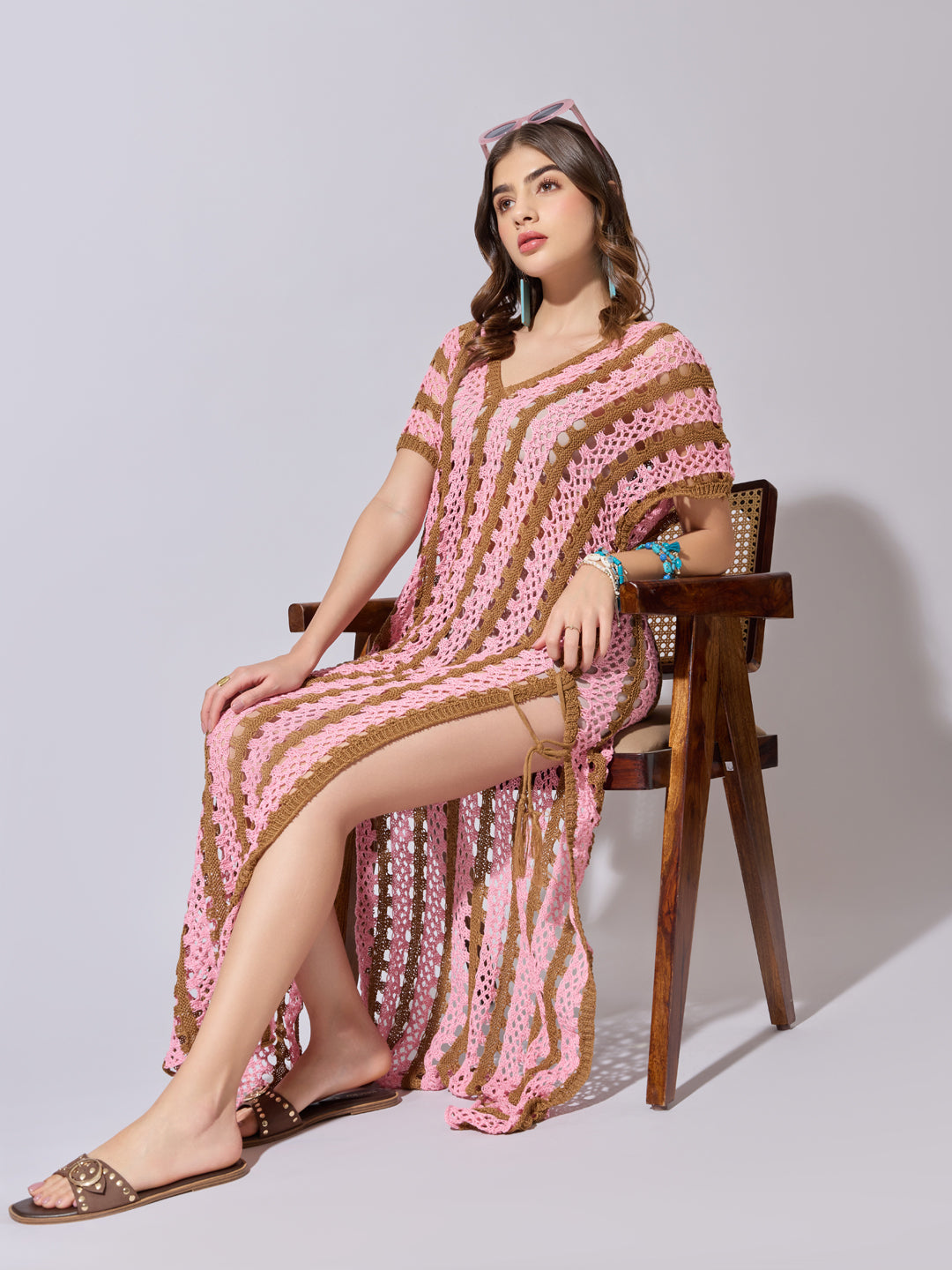 Women's Striped Pink Crochet Longline Top with Side Slits