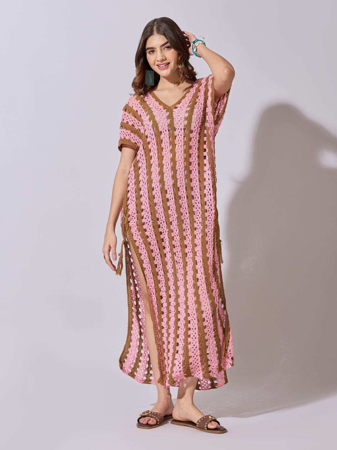 Women's Striped Pink Crochet Longline Top with Side Slits