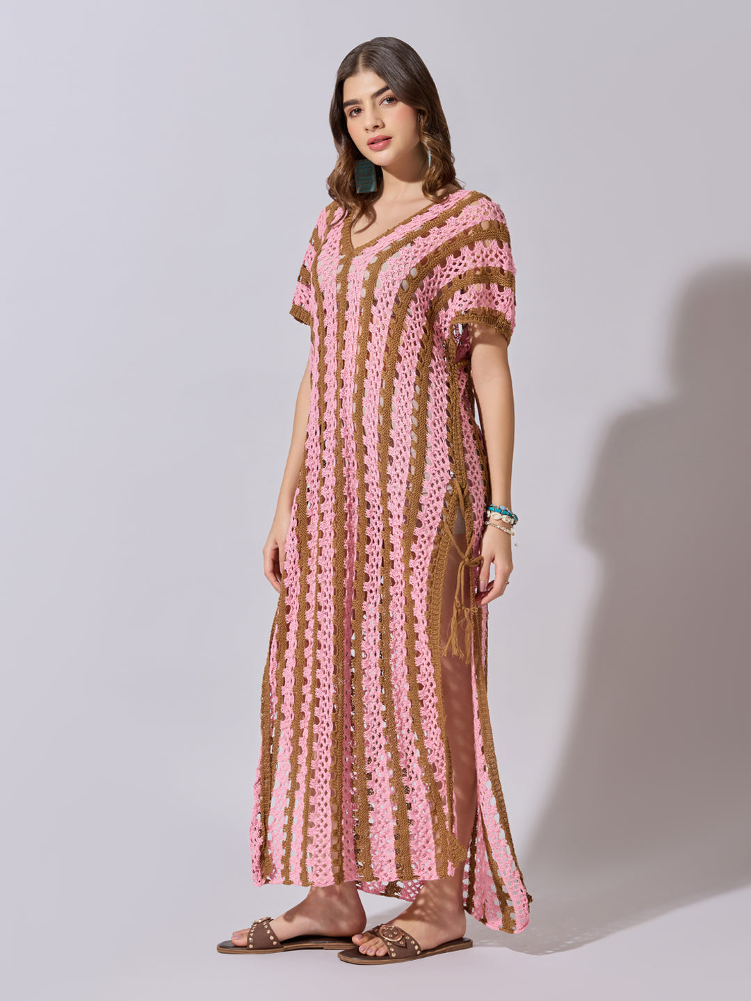 Women's Striped Pink Crochet Longline Top with Side Slits