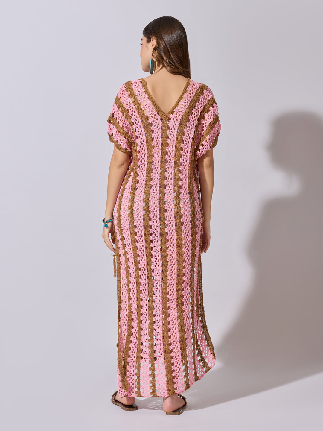 Women's Striped Pink Crochet Longline Top with Side Slits