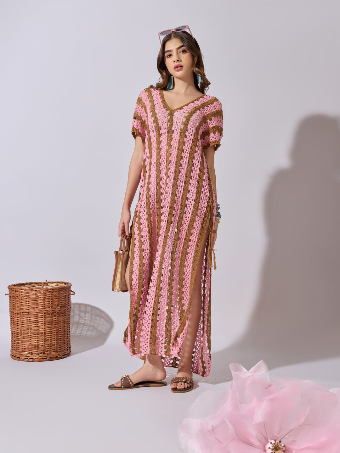 Women's Striped Pink Crochet Longline Top with Side Slits