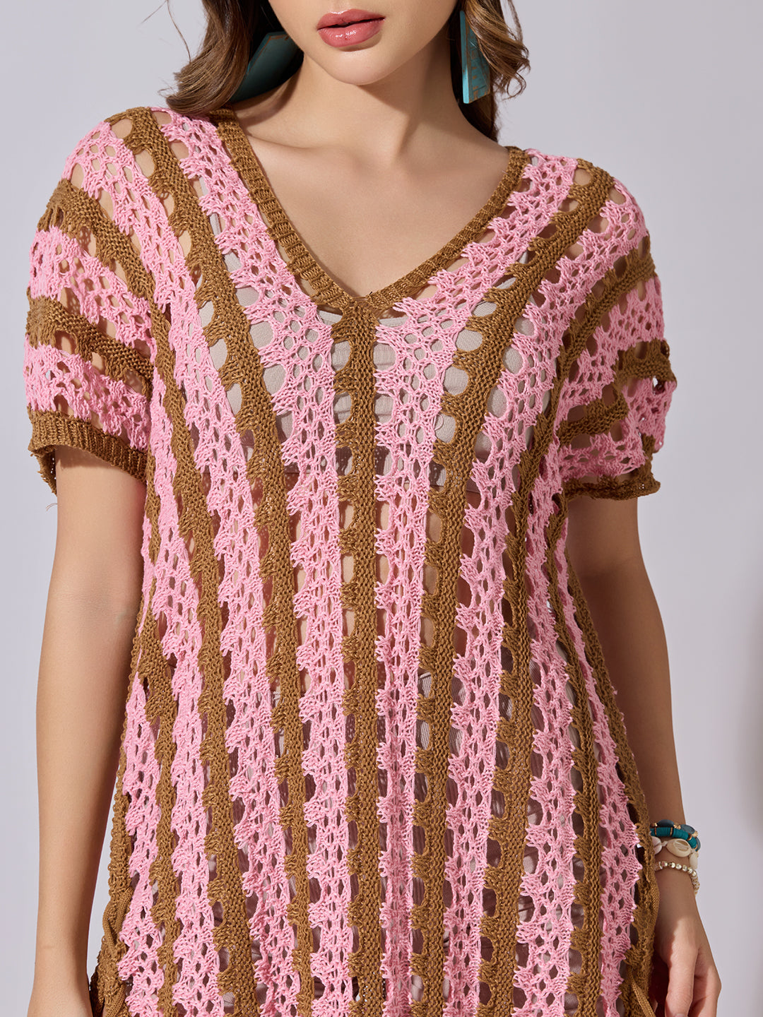Women's Striped Pink Crochet Longline Top with Side Slits