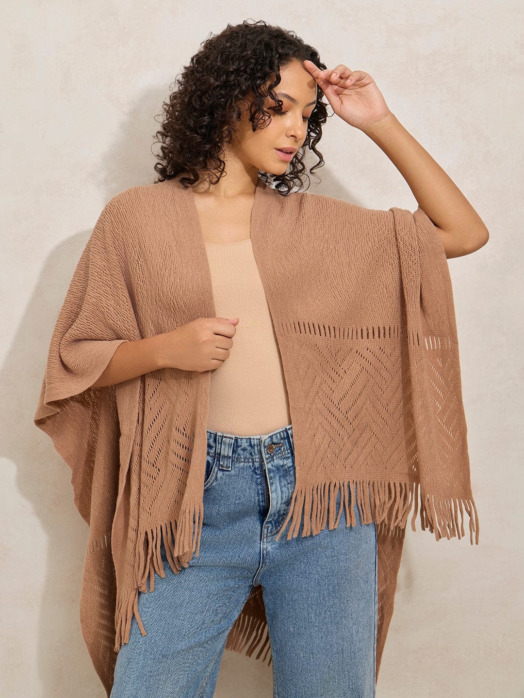 Women's Textured Beige Fringe Hem Shrug with Lace Detail