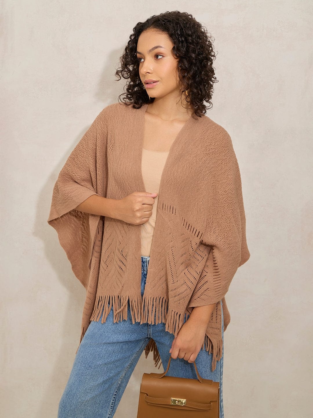 Women's Textured Beige Fringe Hem Shrug with Lace Detail