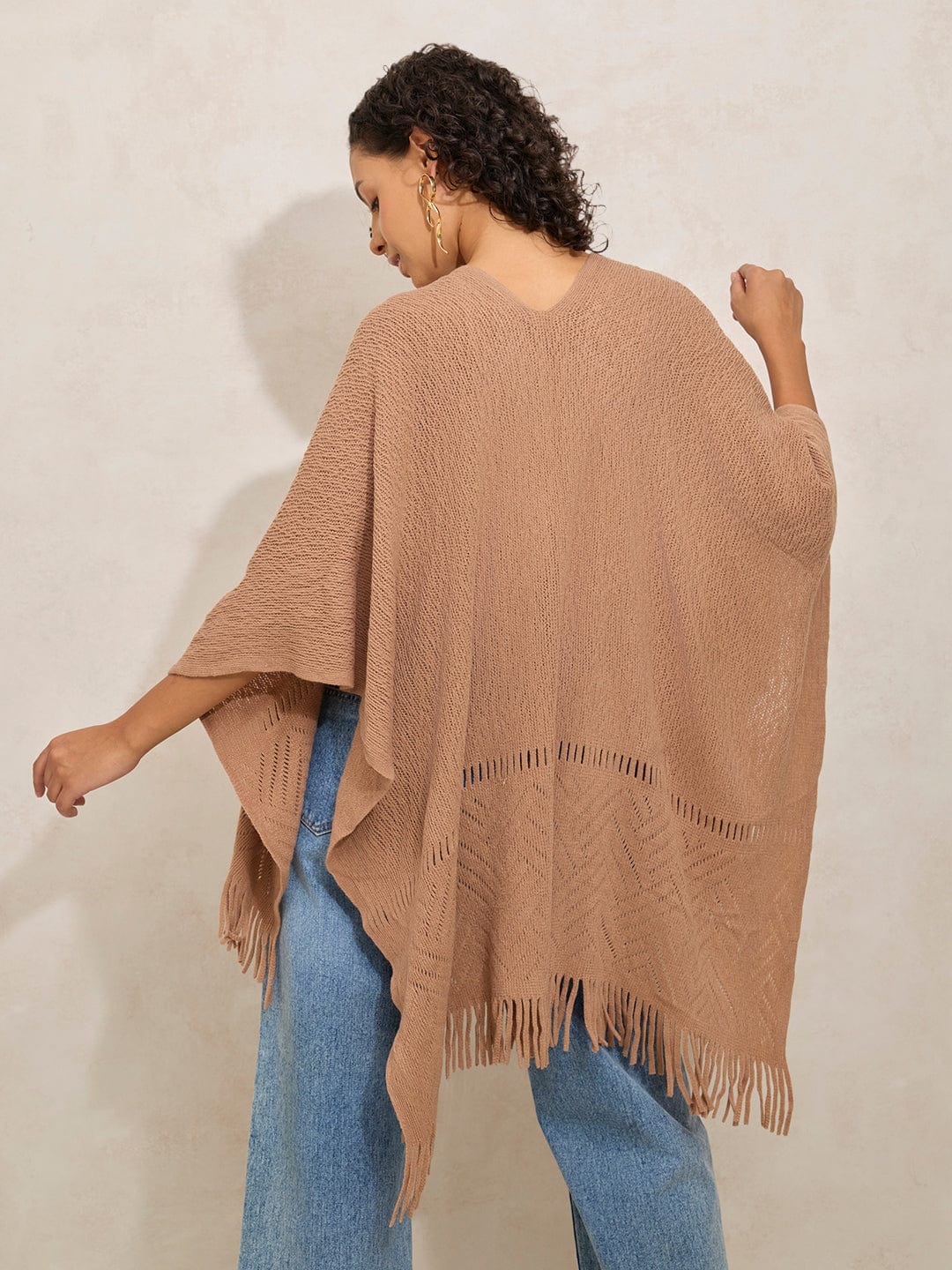 Women's Textured Beige Fringe Hem Shrug with Lace Detail