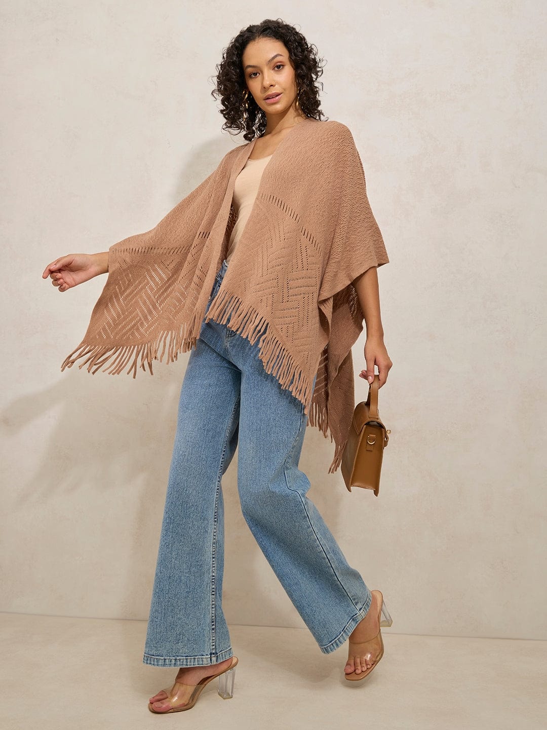 Women's Textured Beige Fringe Hem Shrug with Lace Detail
