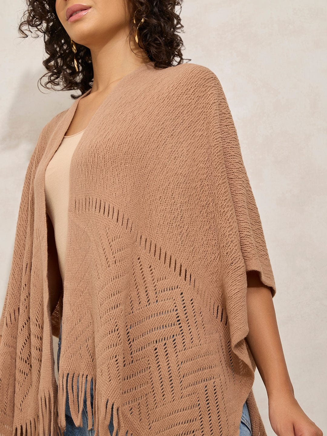 Women's Textured Beige Fringe Hem Shrug with Lace Detail