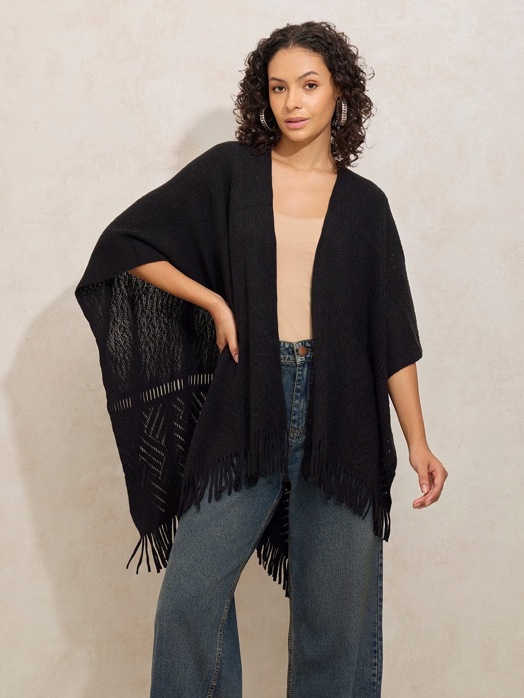 Women's Textured Black Fringe Hem Shrug with Lace Detail