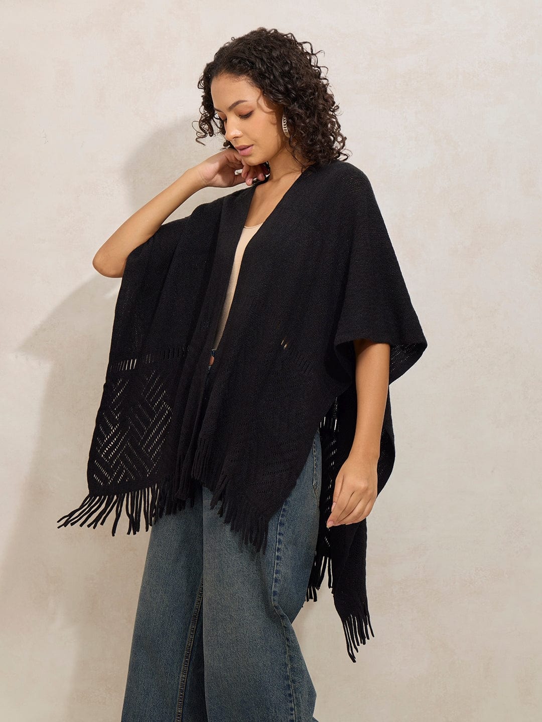 Women's Textured Black Fringe Hem Shrug with Lace Detail