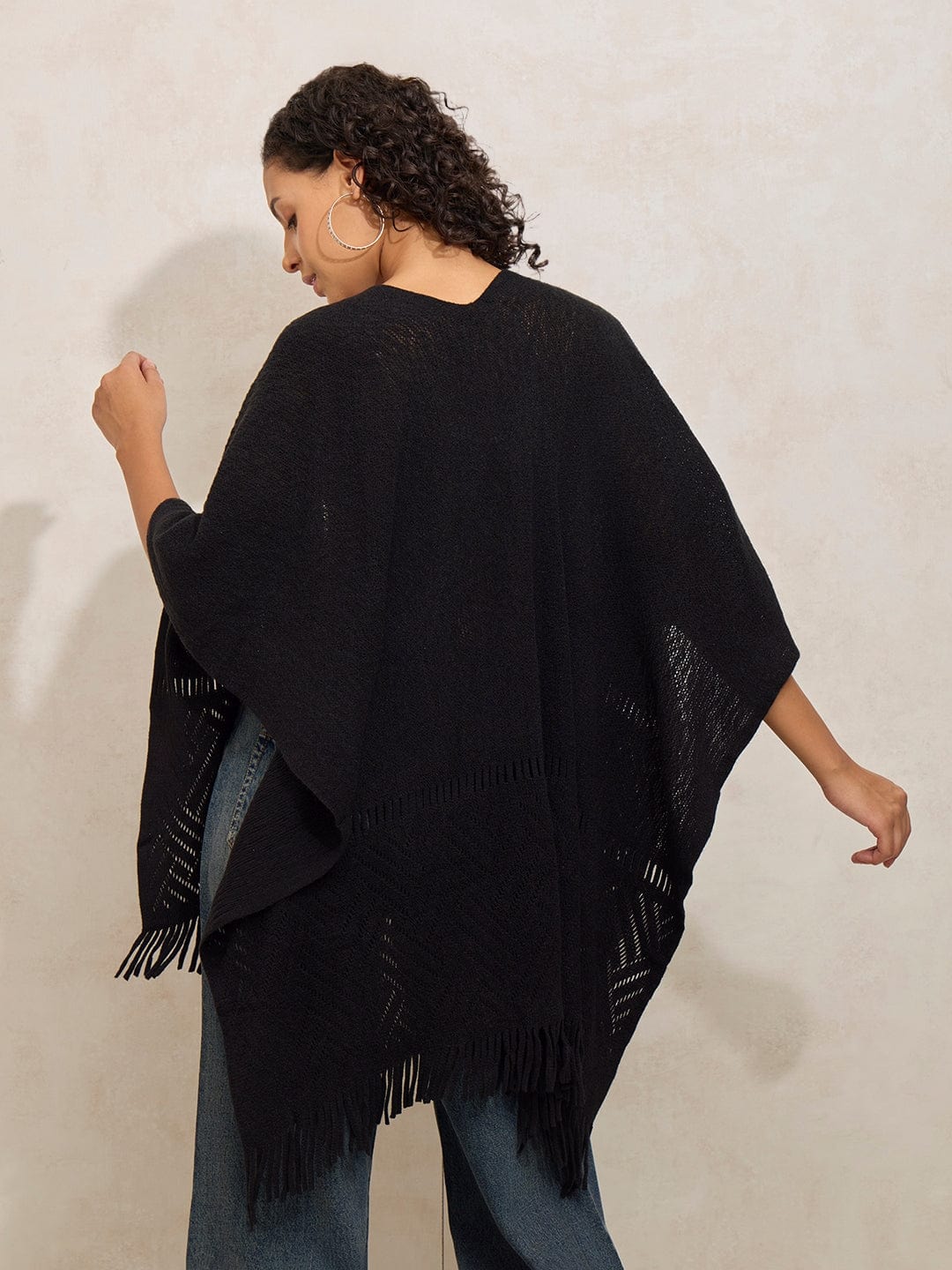 Women's Textured Black Fringe Hem Shrug with Lace Detail