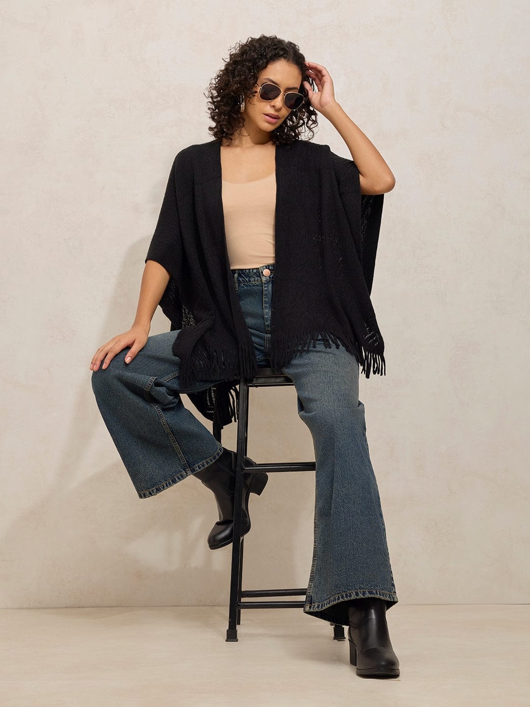 Women's Textured Black Fringe Hem Shrug with Lace Detail