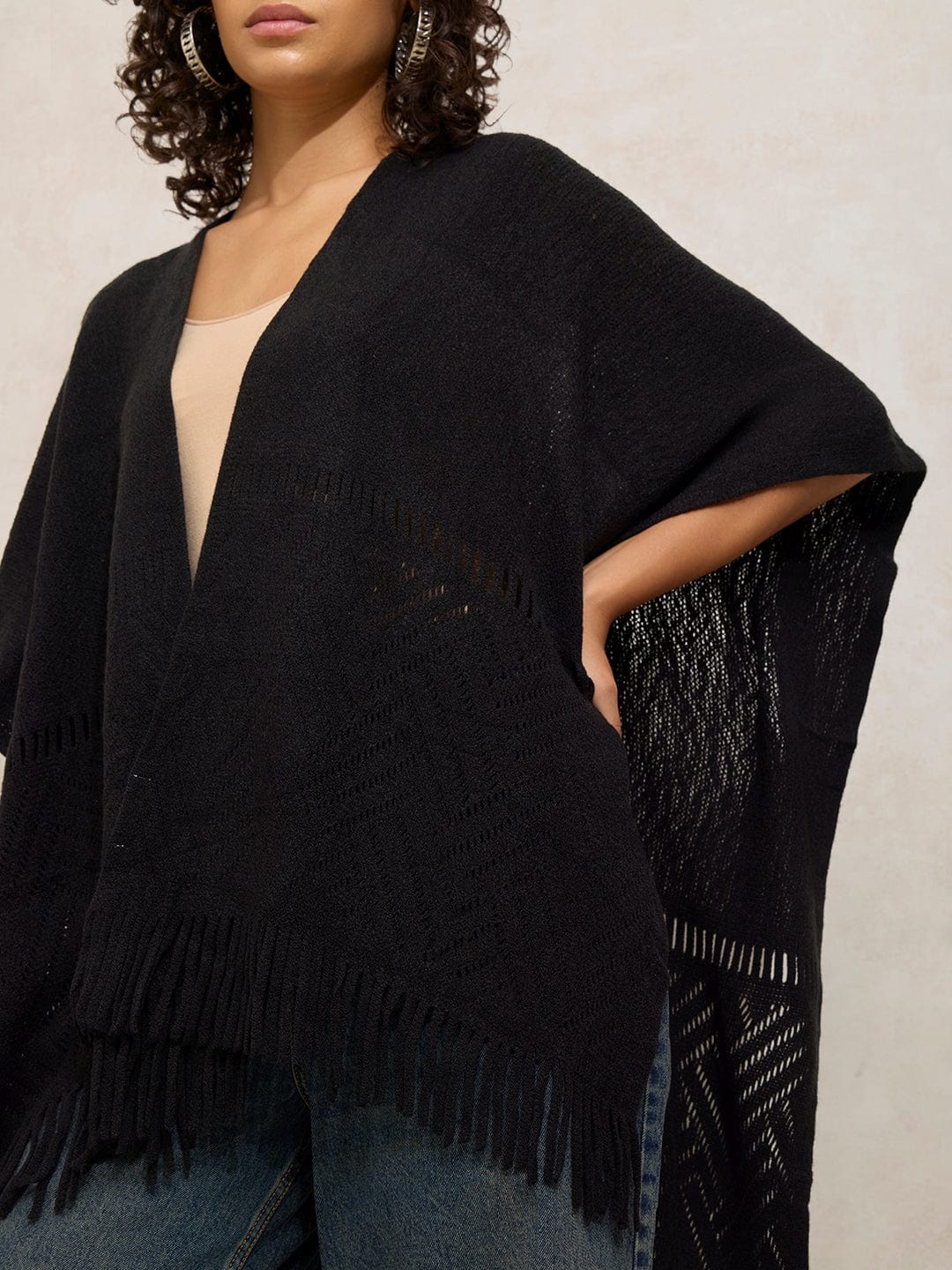 Women's Textured Black Fringe Hem Shrug with Lace Detail