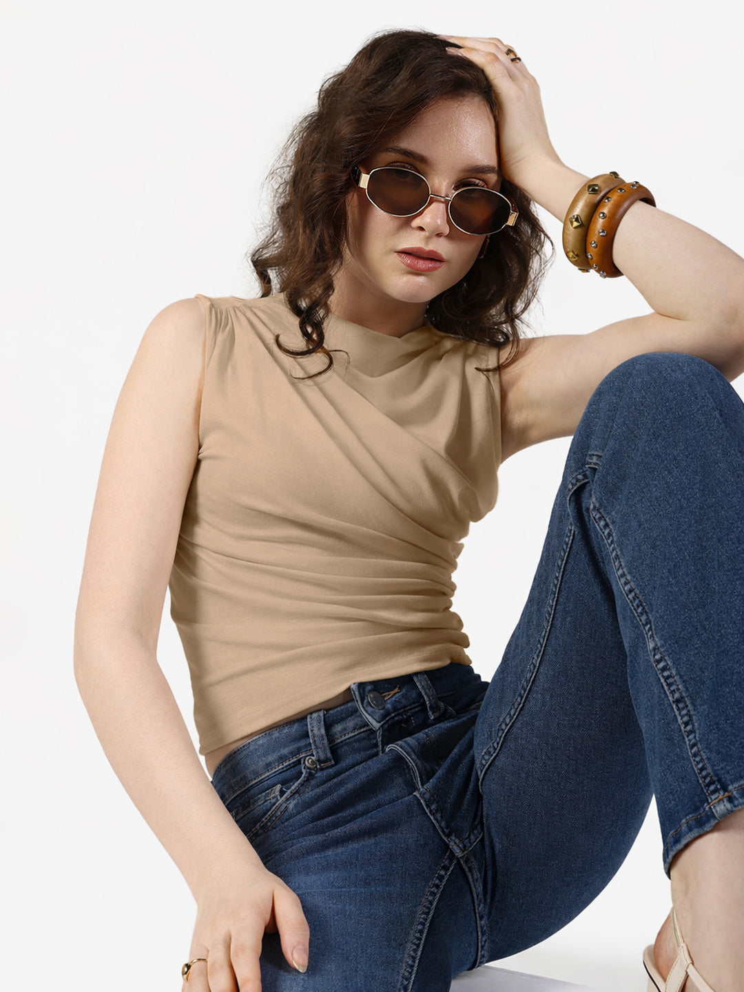 Women's Beige Sleeveless Ruched Top with Draped Neck