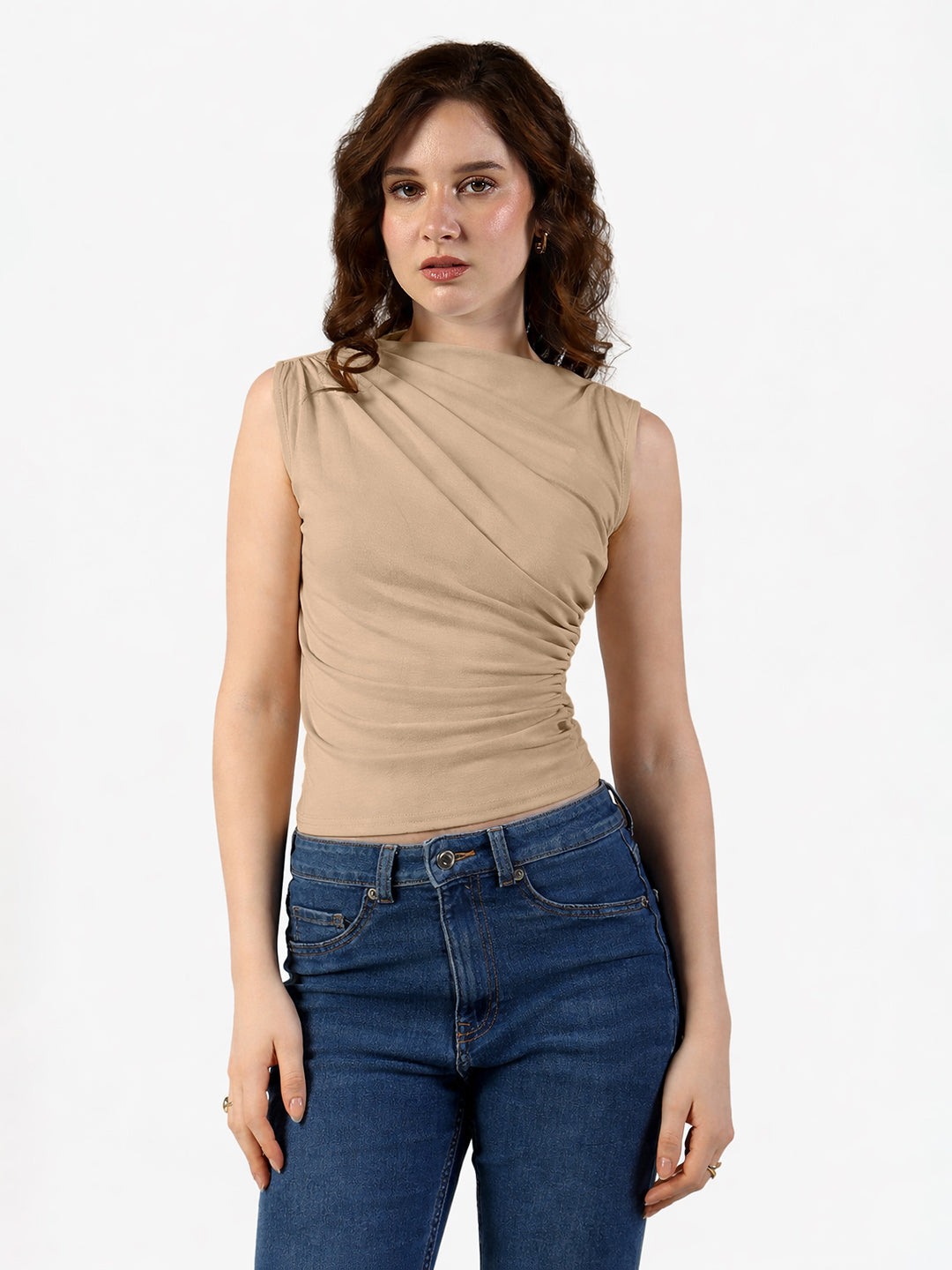 Women's Beige Sleeveless Ruched Top with Draped Neck