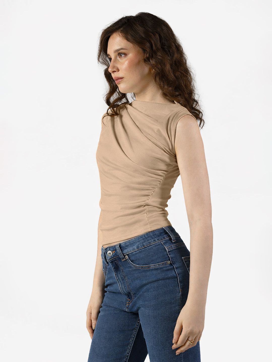 Women's Beige Sleeveless Ruched Top with Draped Neck