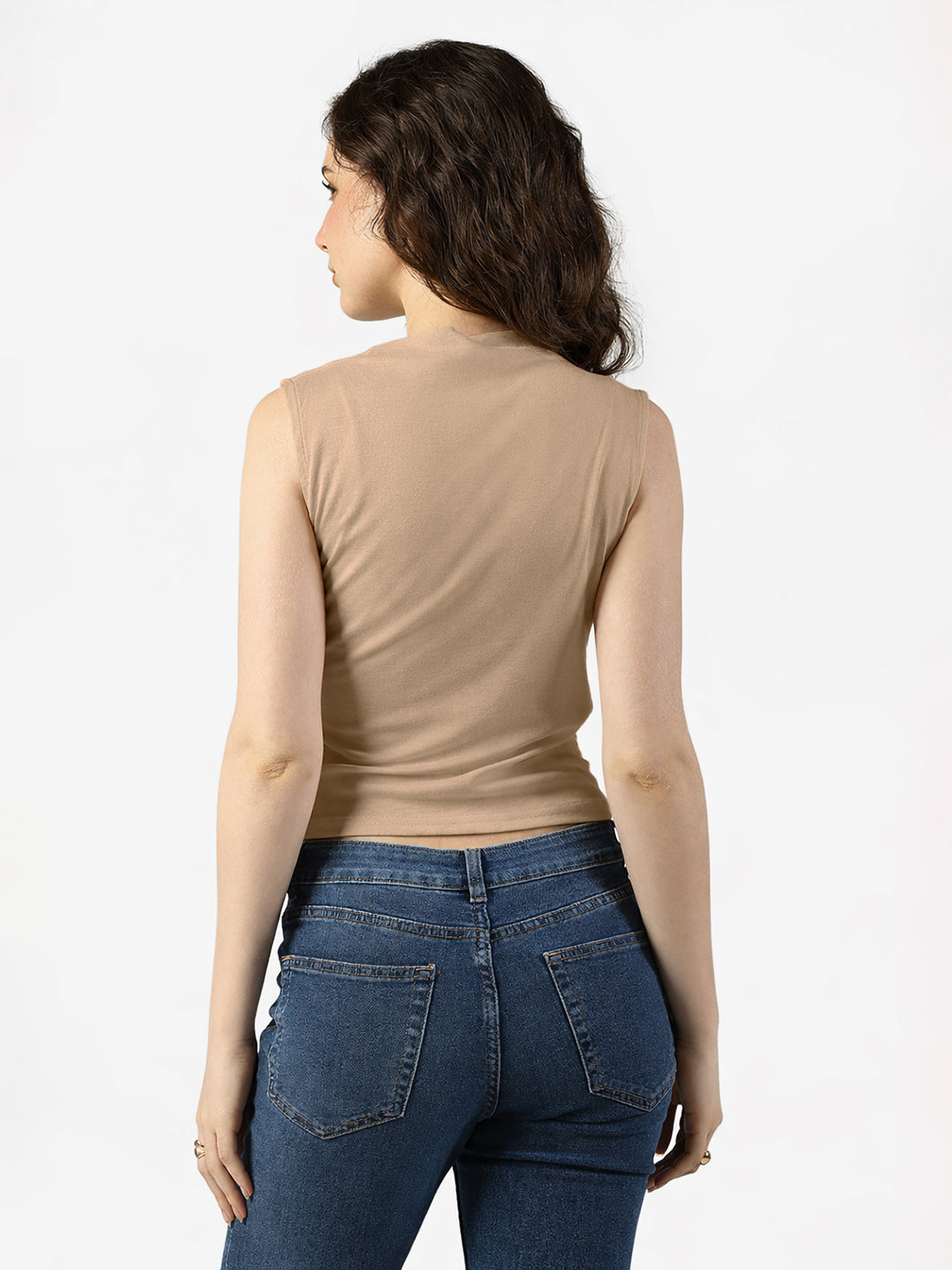 Women's Beige Sleeveless Ruched Top with Draped Neck