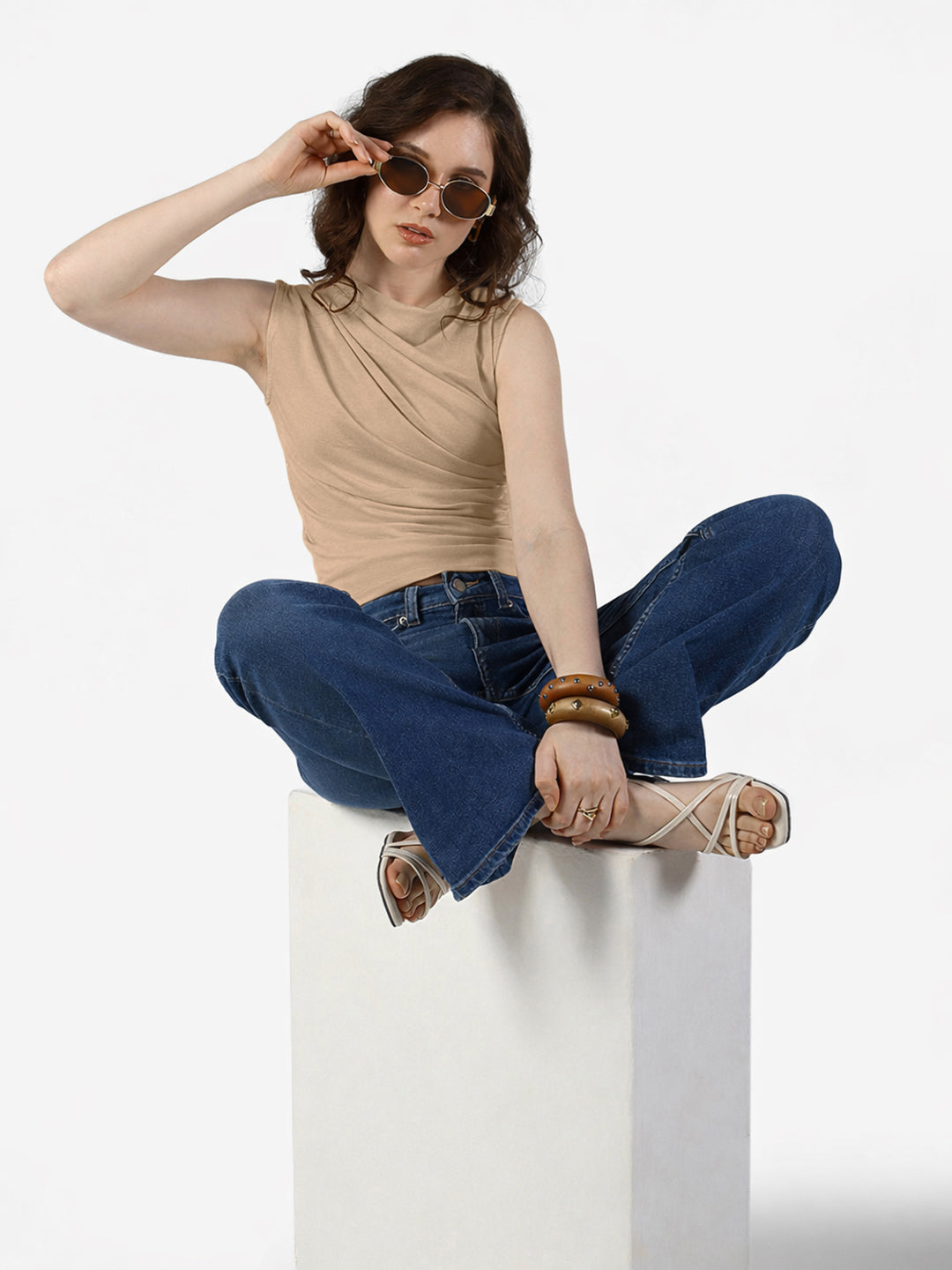 Women's Beige Sleeveless Ruched Top with Draped Neck