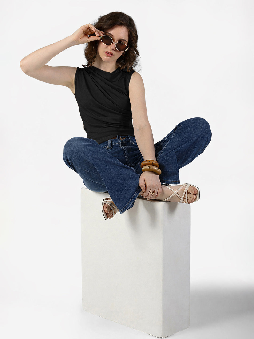 Women's Black Sleeveless Ruched Top with Draped Neck