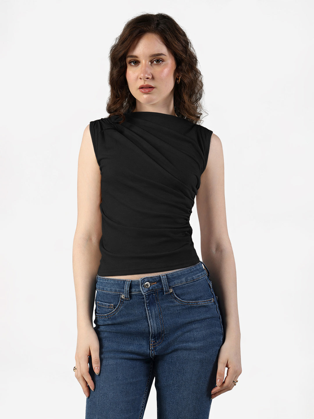 Women's Black Sleeveless Ruched Top with Draped Neck