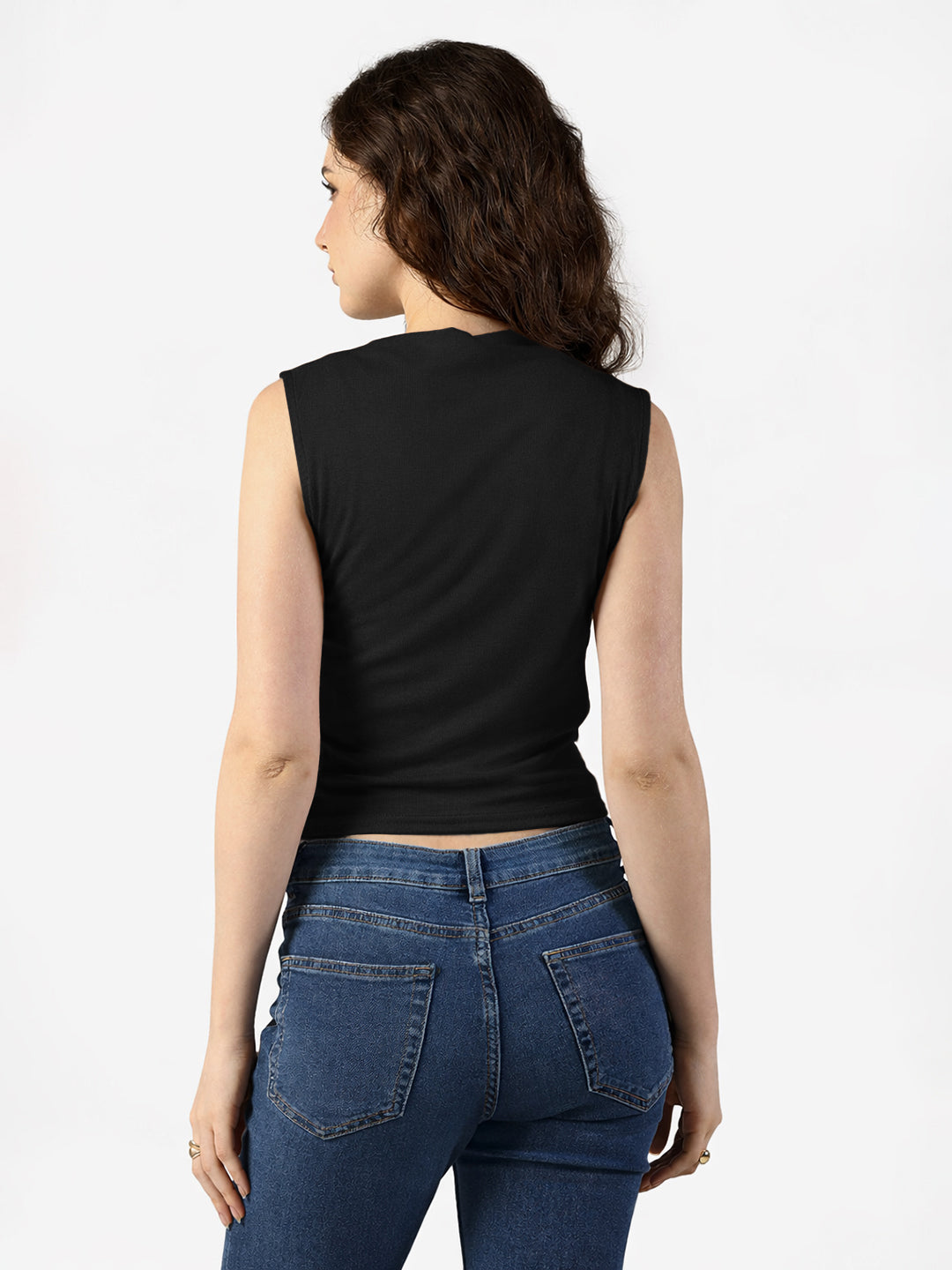 Women's Black Sleeveless Ruched Top with Draped Neck