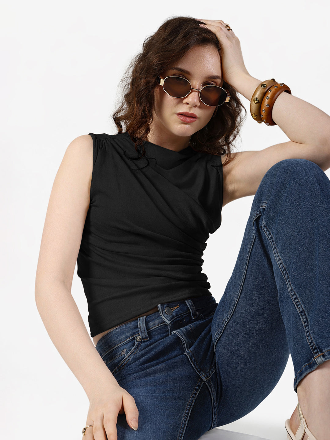 Women's Black Sleeveless Ruched Top with Draped Neck