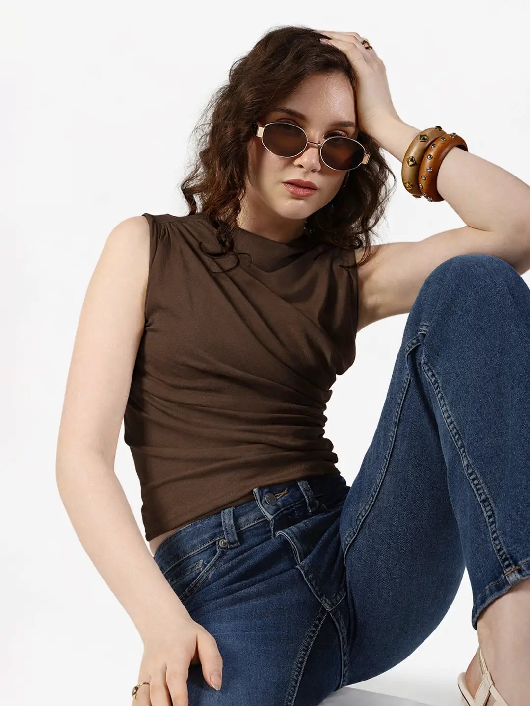 Women's Brown Sleeveless Draped Top - from SHOWOFFFF