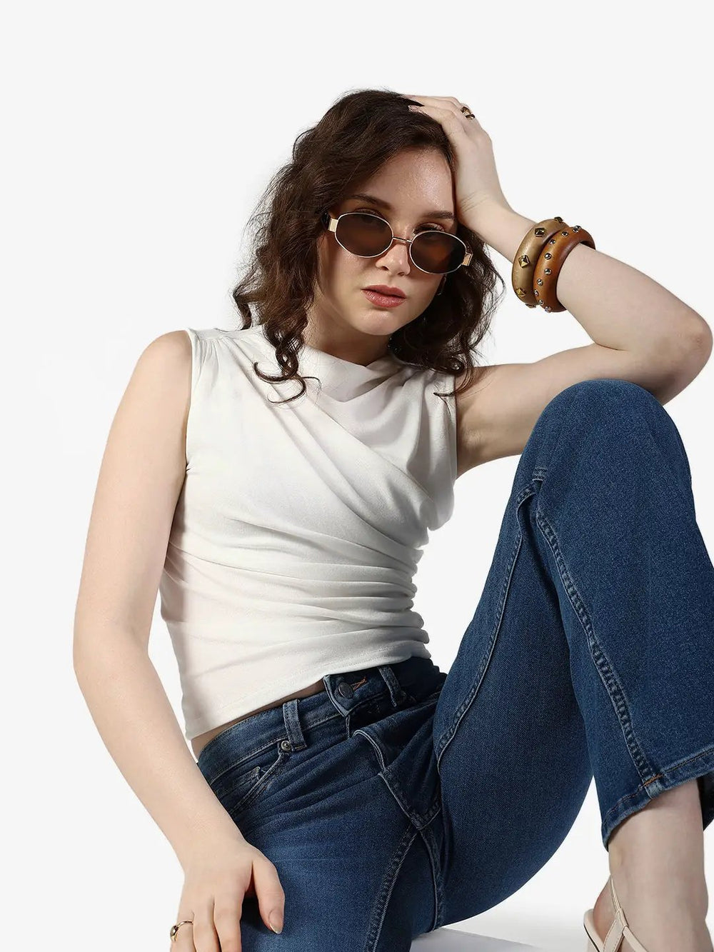 Women's White Sleeveless Draped Top