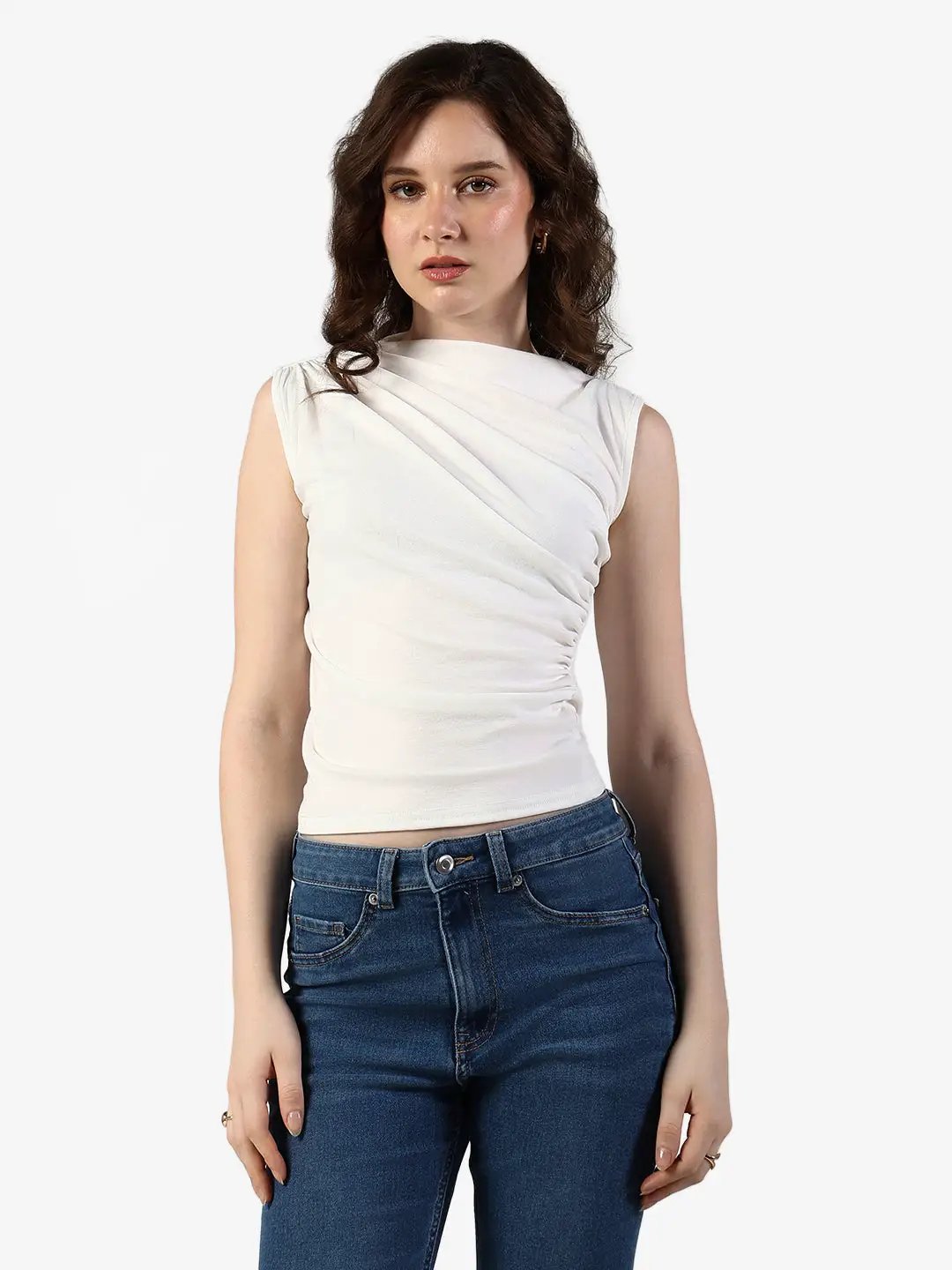 Women's White Sleeveless Draped Top