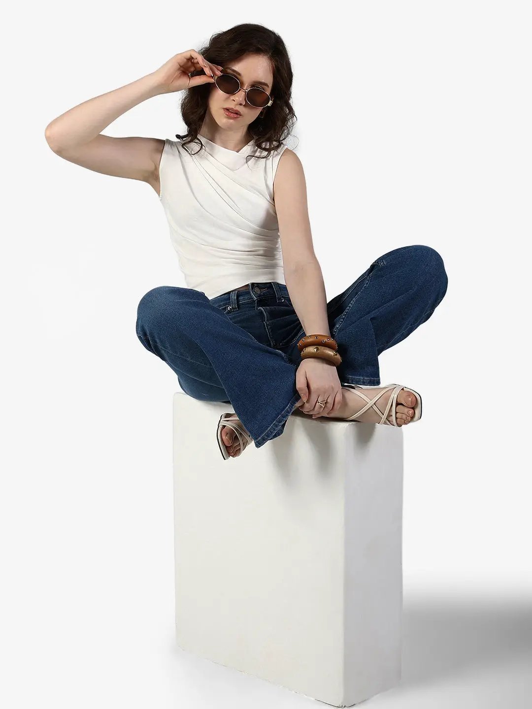 Women's White Sleeveless Draped Top