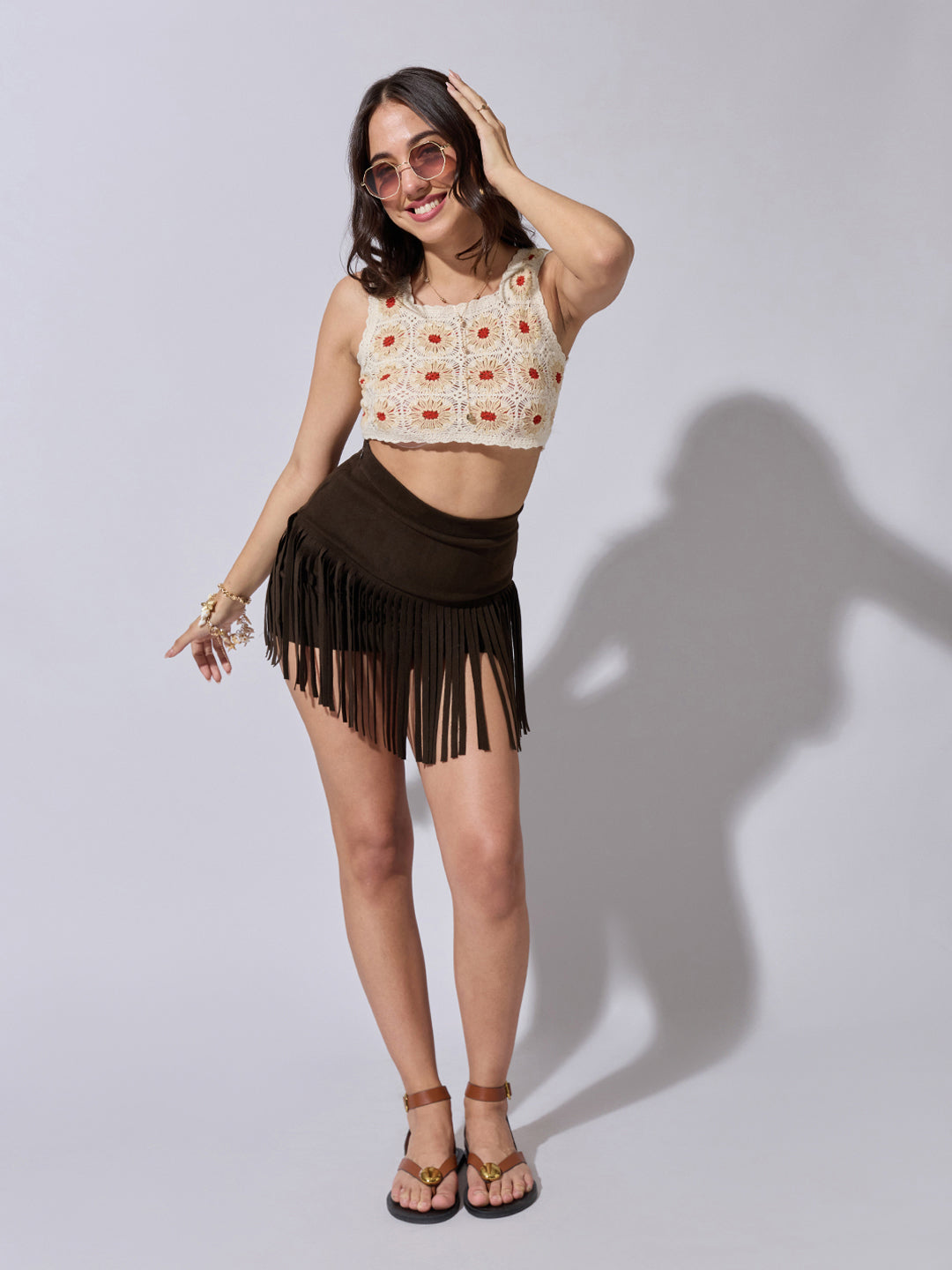 Women's Brown Fringed Mini Skort