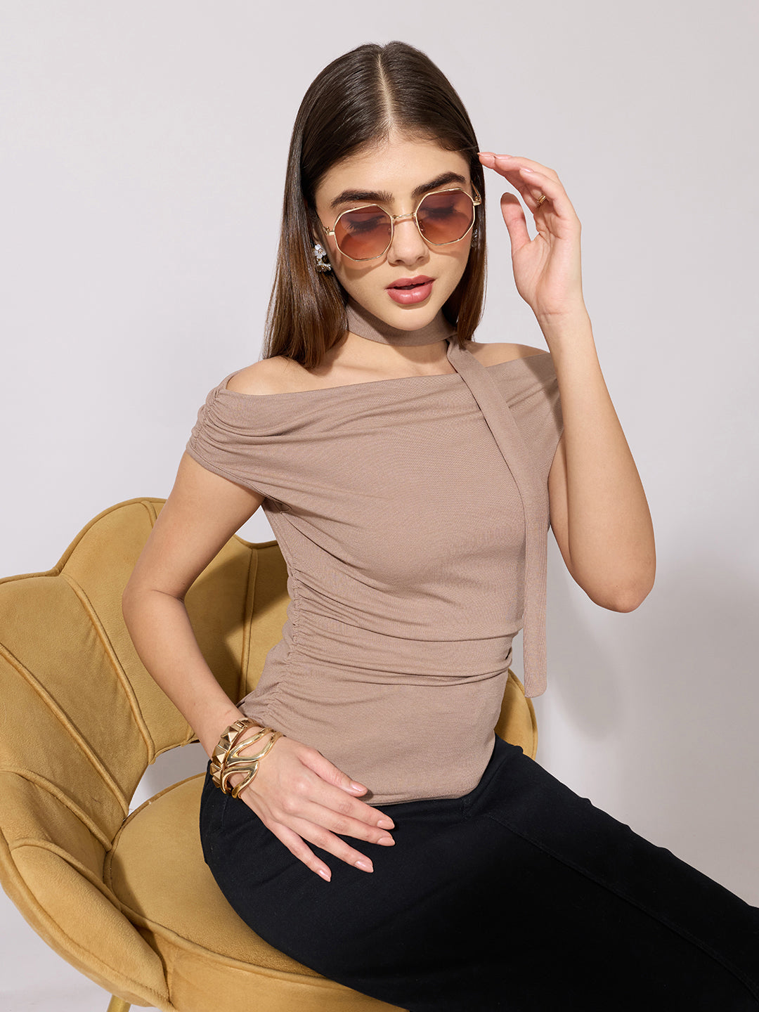Women's Beige Ruched Fitted Top with Tie-Neck