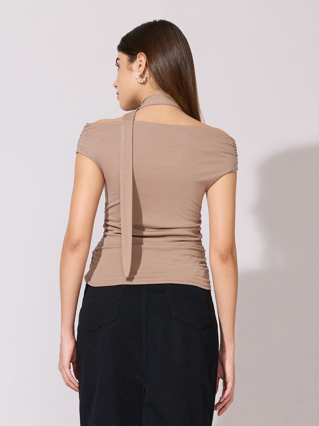 Women's Beige Ruched Fitted Top with Tie-Neck