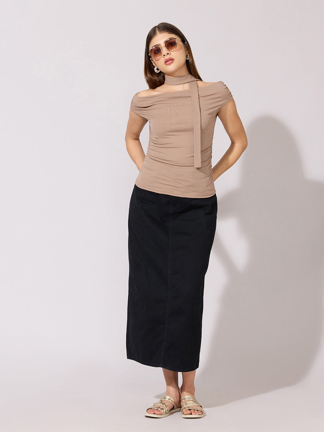 Women's Beige Ruched Fitted Top with Tie-Neck