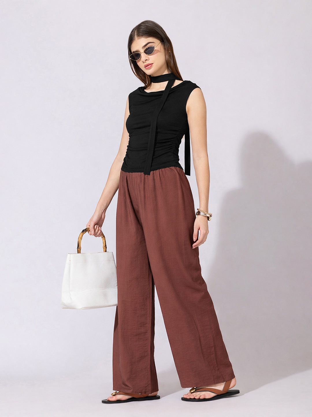 Women's Black Ruched Fitted Top with Tie-Neck