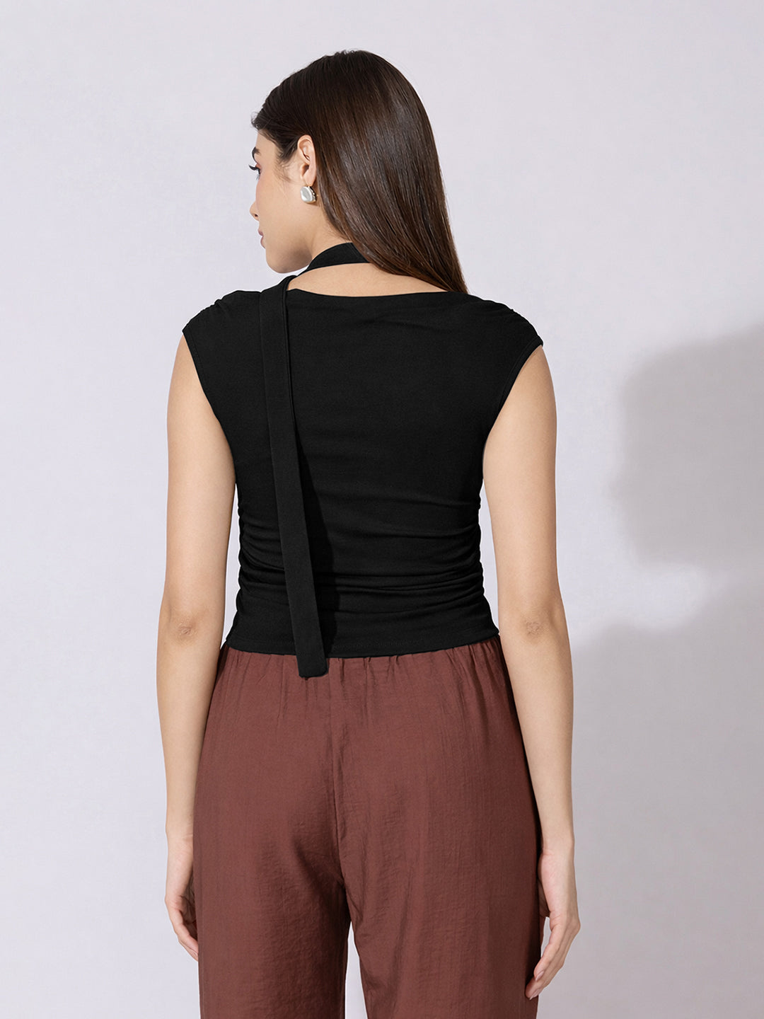 Women's Black Ruched Fitted Top with Tie-Neck