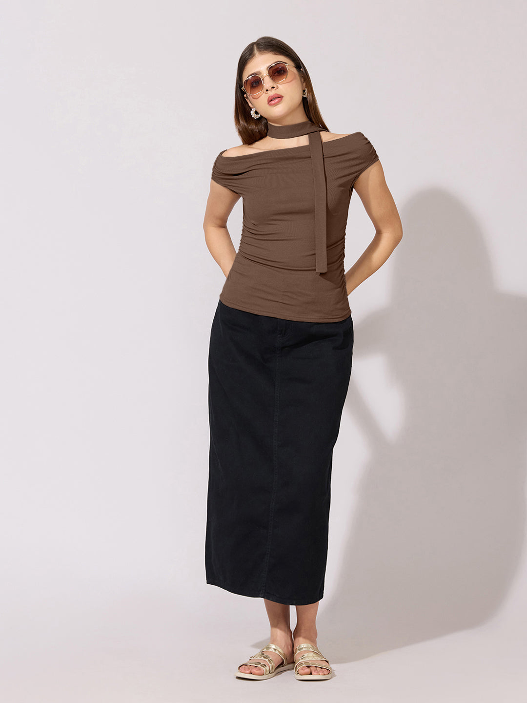 Women's Brown Ruched Fitted Top with Tie-Neck
