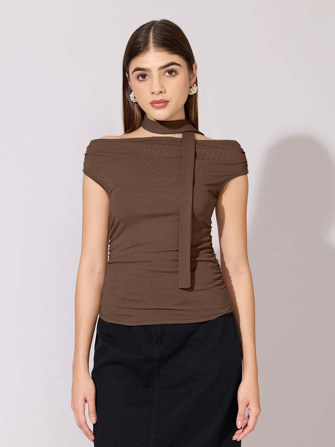 Women's Brown Ruched Fitted Top with Tie-Neck