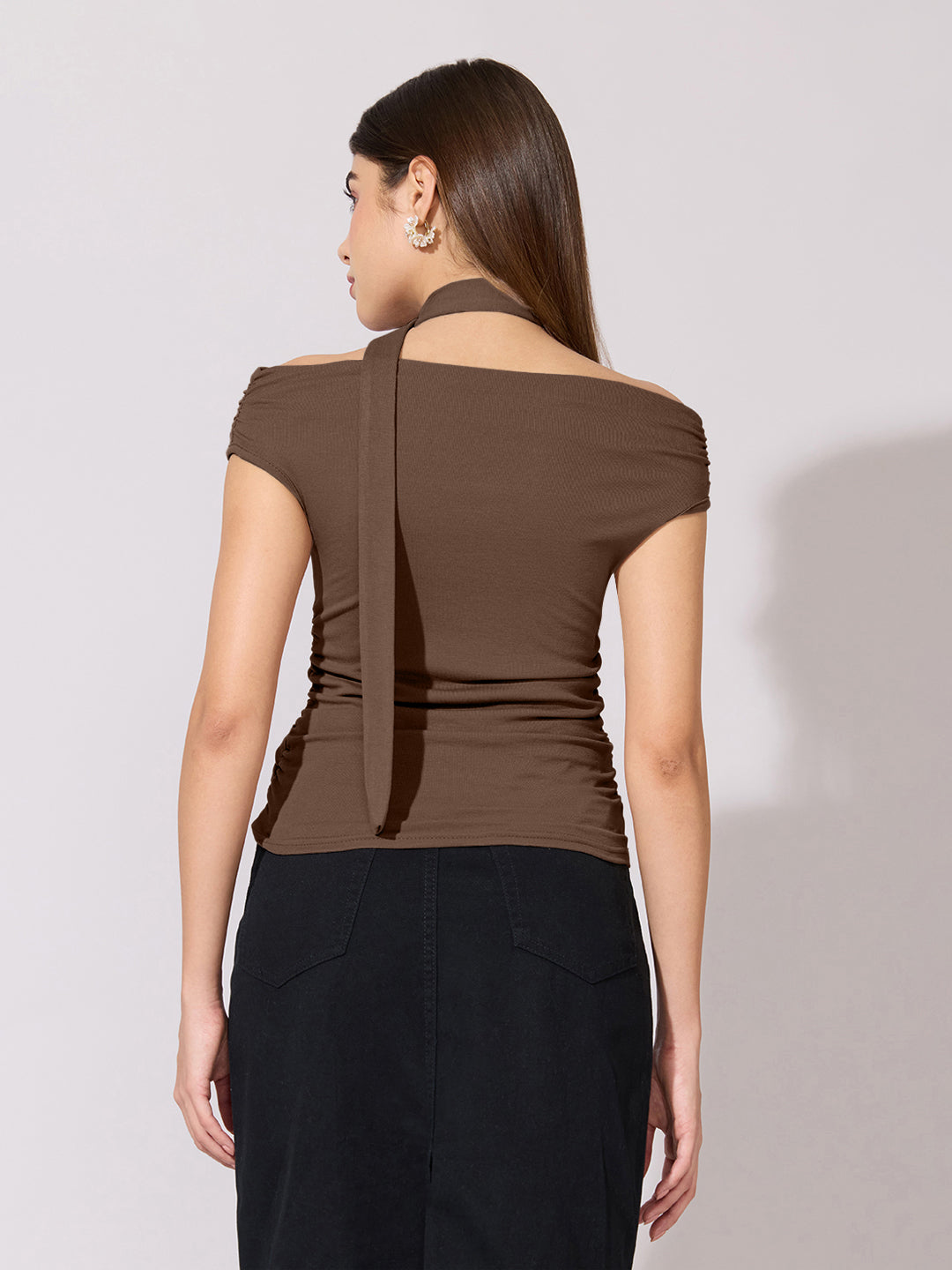 Women's Brown Ruched Fitted Top with Tie-Neck