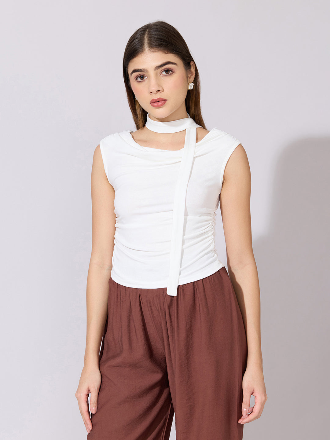 Women's White Ruched Fitted Top with Tie-Neck