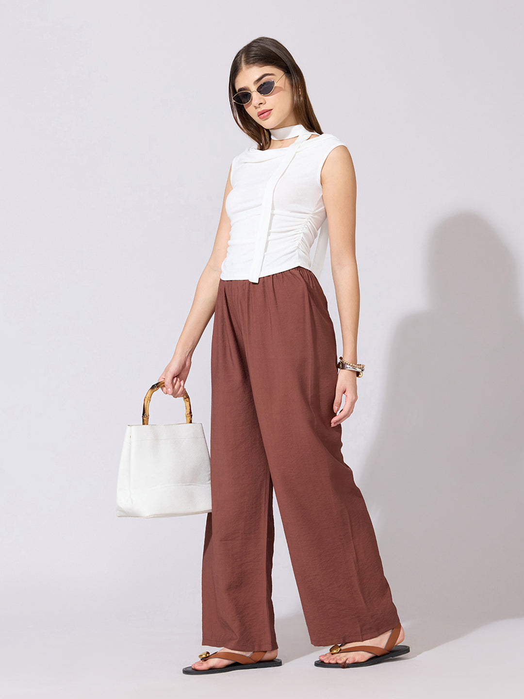 Women's White Ruched Fitted Top with Tie-Neck