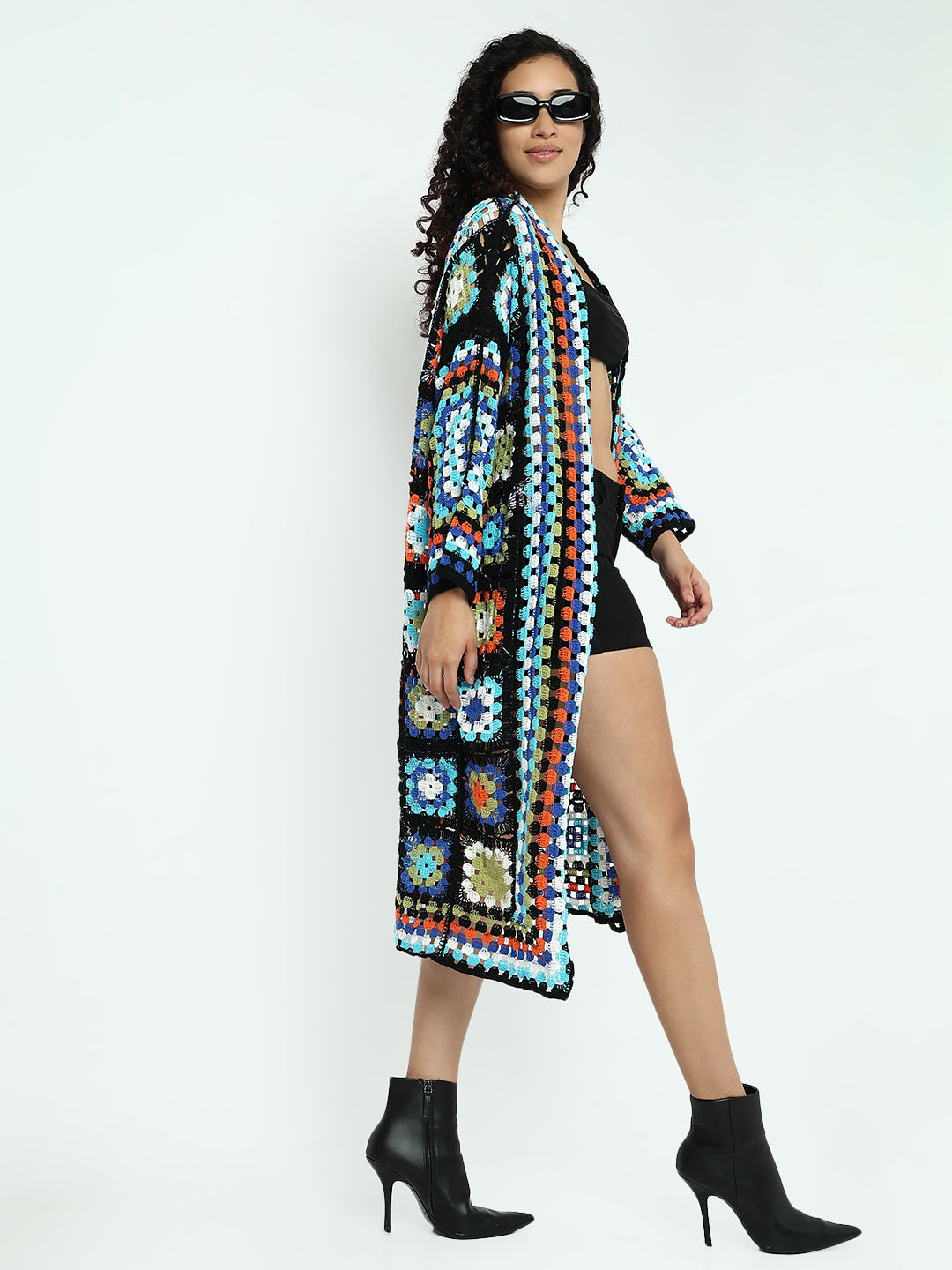 Women's Multicolour Crochet Longline Shrug