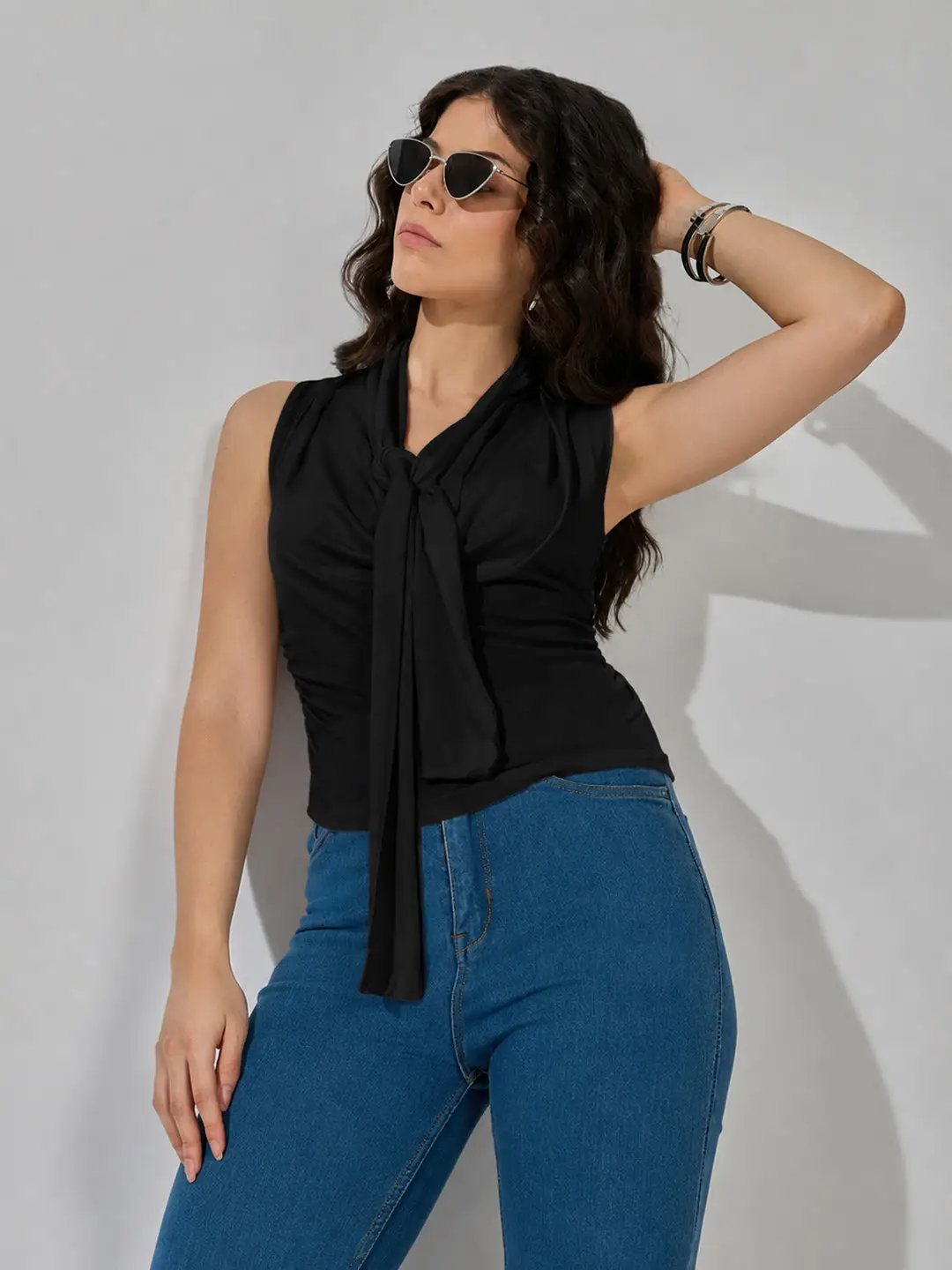 Women's Black Sleeveless Tie Neck Ruched Top - from SHOWOFFFF