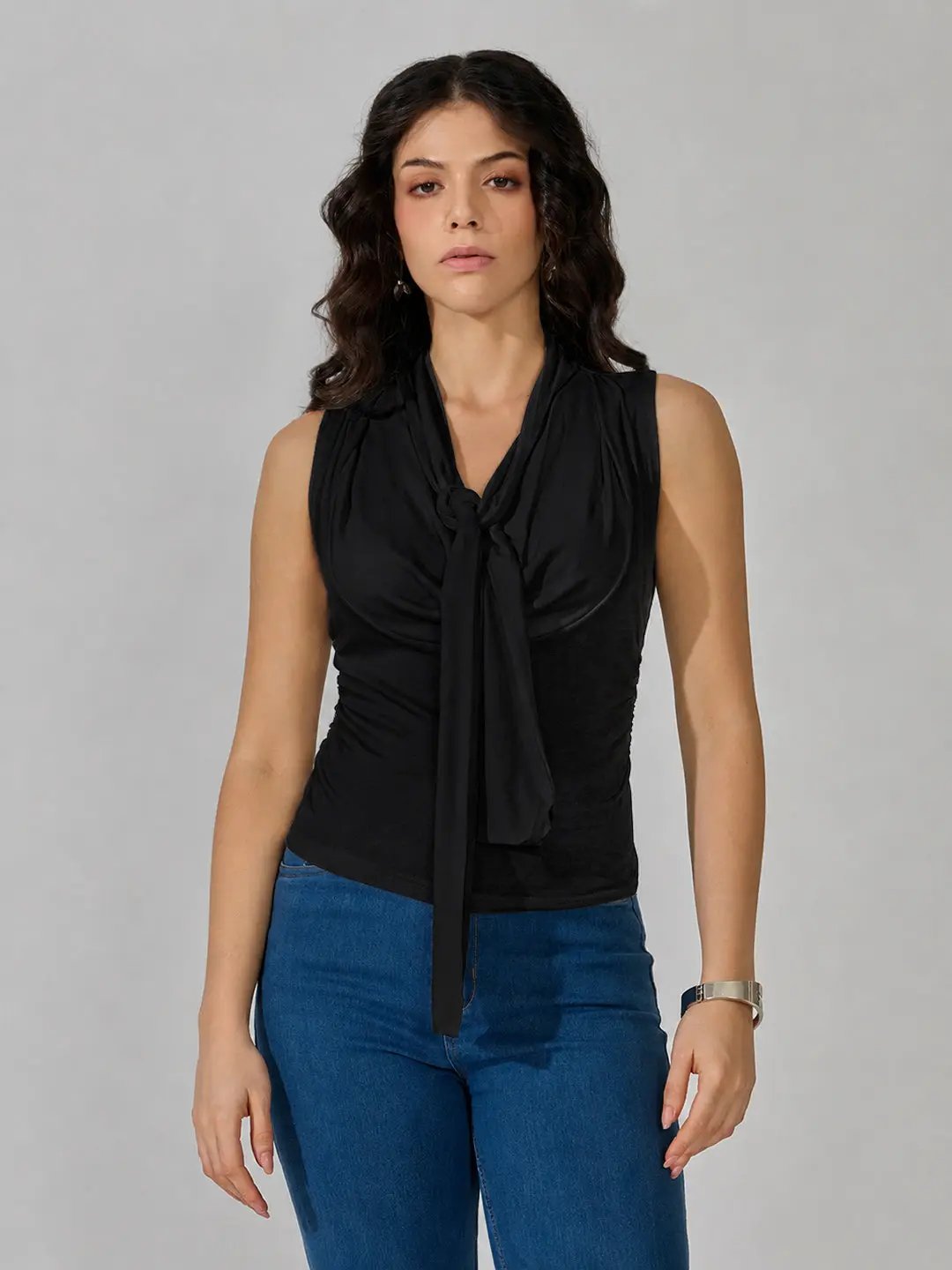 Women's Black Sleeveless Tie Neck Ruched Top - from SHOWOFFFF