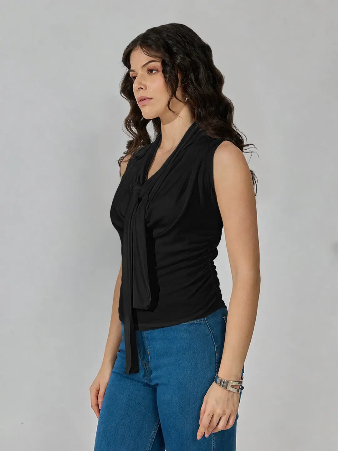Women's Black Sleeveless Tie Neck Ruched Top - from SHOWOFFFF